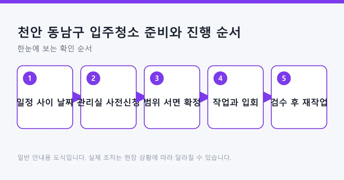 입주청소를 일정 조율부터 검수와 재작업 요청까지 다섯 단계로 정리한 진행 순서 도식
