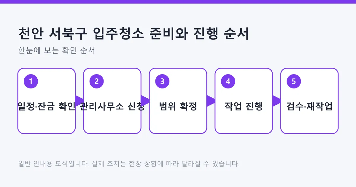 입주청소를 일정 확인과 관리사무소 신청, 범위 확정, 작업, 검수 순서로 정리한 도식