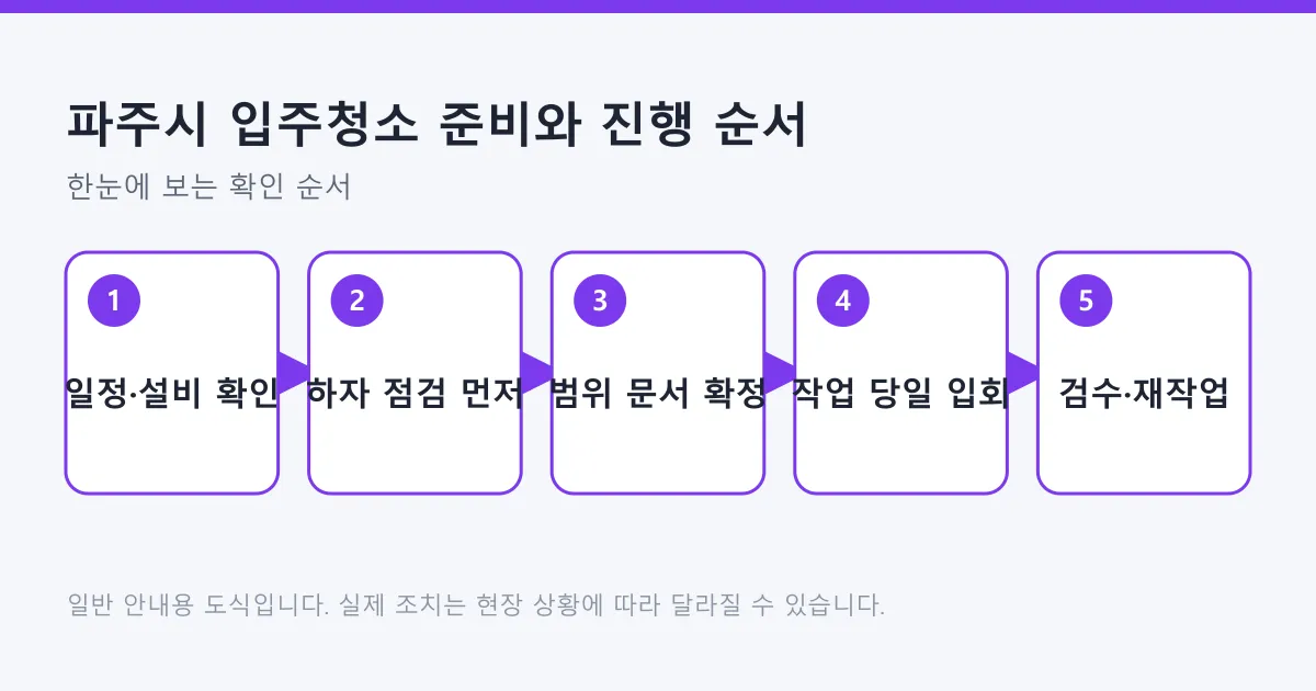 입주청소 일정과 설비 확인부터 하자 점검, 범위 확정, 당일 입회, 검수와 재작업 요청까지 이어지는 다섯 단계 도식