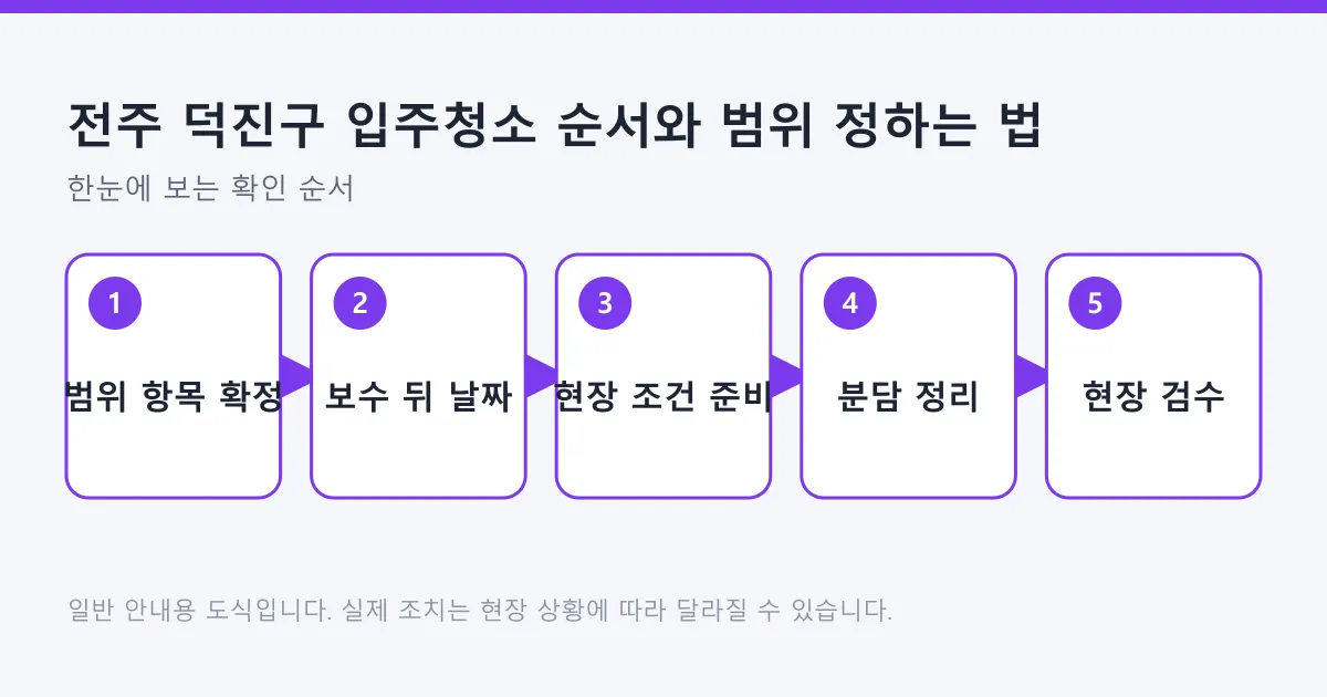 입주청소 범위 확정, 보수 이후 일정 배치, 현장 조건 준비, 작업 분담, 현장 검수로 이어지는 다섯 단계를 나타낸 도식
