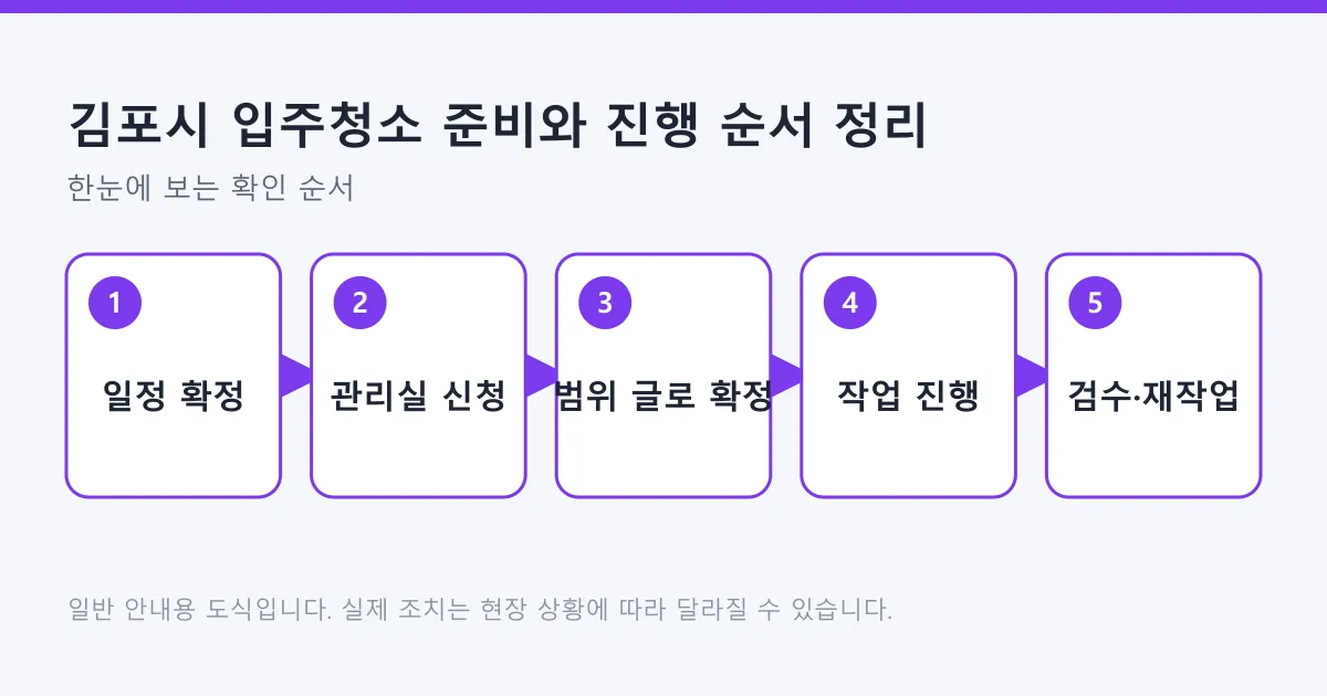 입주청소를 일정 확정부터 검수와 재작업 요청까지 다섯 단계로 정리한 도식