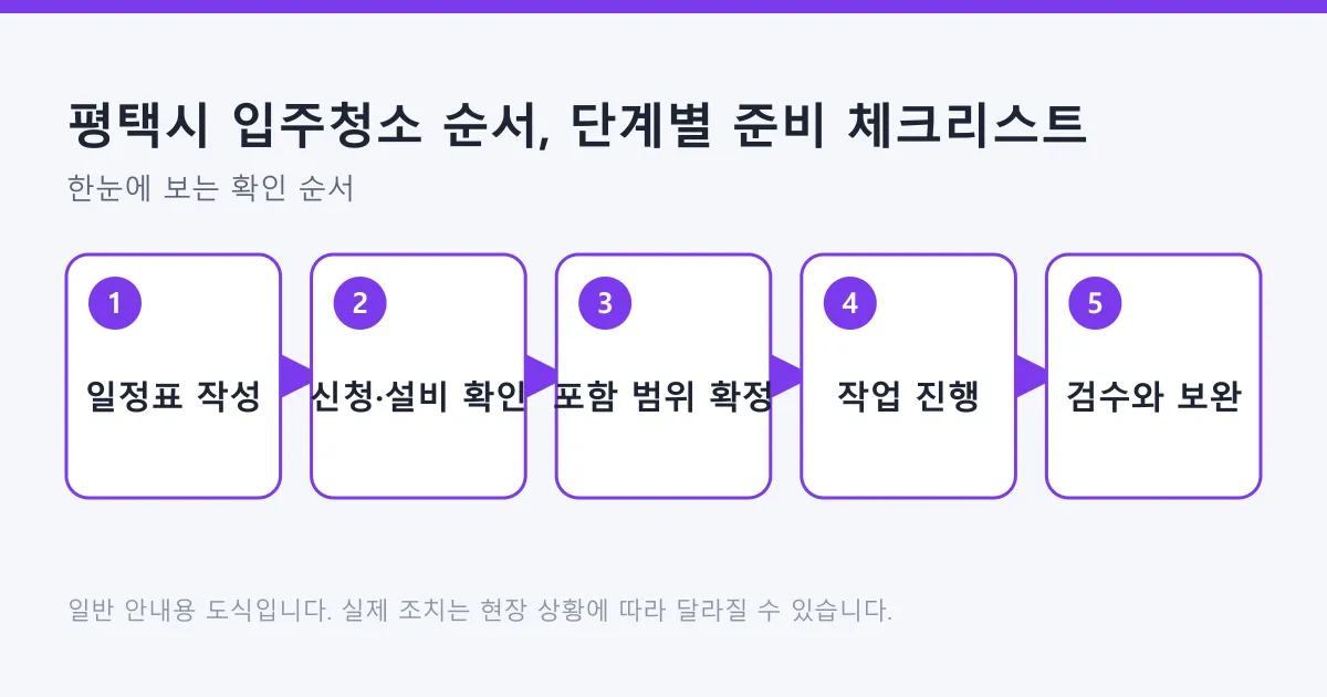 입주청소를 일정표 작성부터 검수와 보완까지 다섯 단계로 나눈 도식