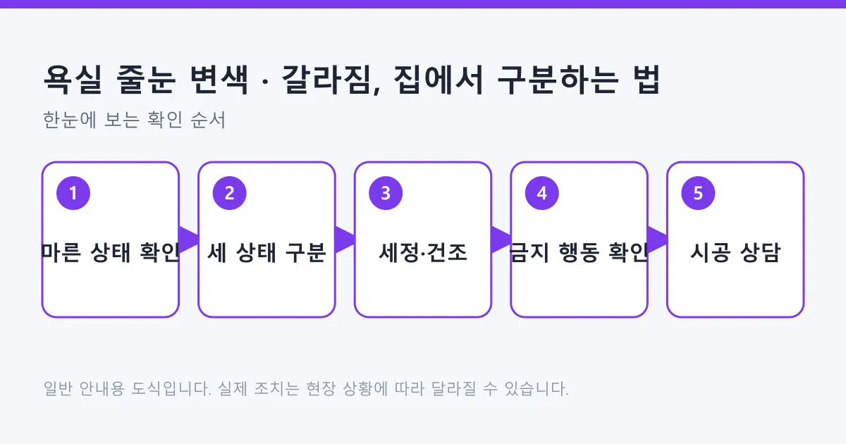 욕실 줄눈 상태를 마른 상태에서 세 가지로 구분해 세정부터 시공 상담까지 판단하는 순서를 나타낸 도식