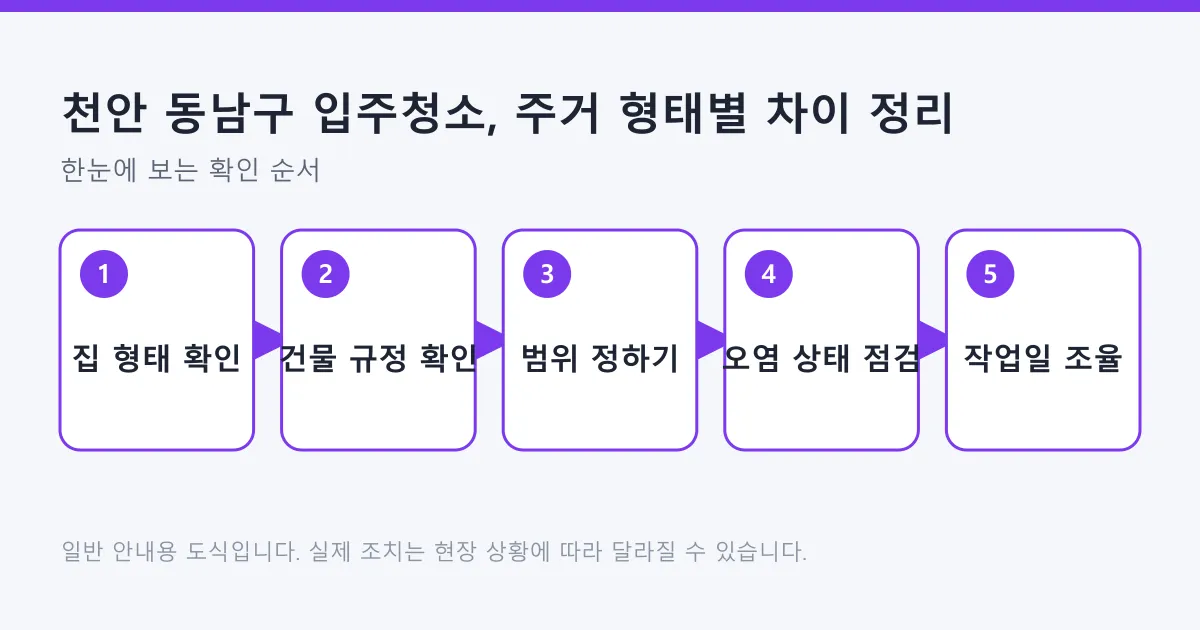 입주청소 준비 과정을 집 형태 확인부터 건물 규정 확인, 범위 정하기, 오염 상태 점검, 작업일 조율까지 다섯 단계로 보여주는 도식.