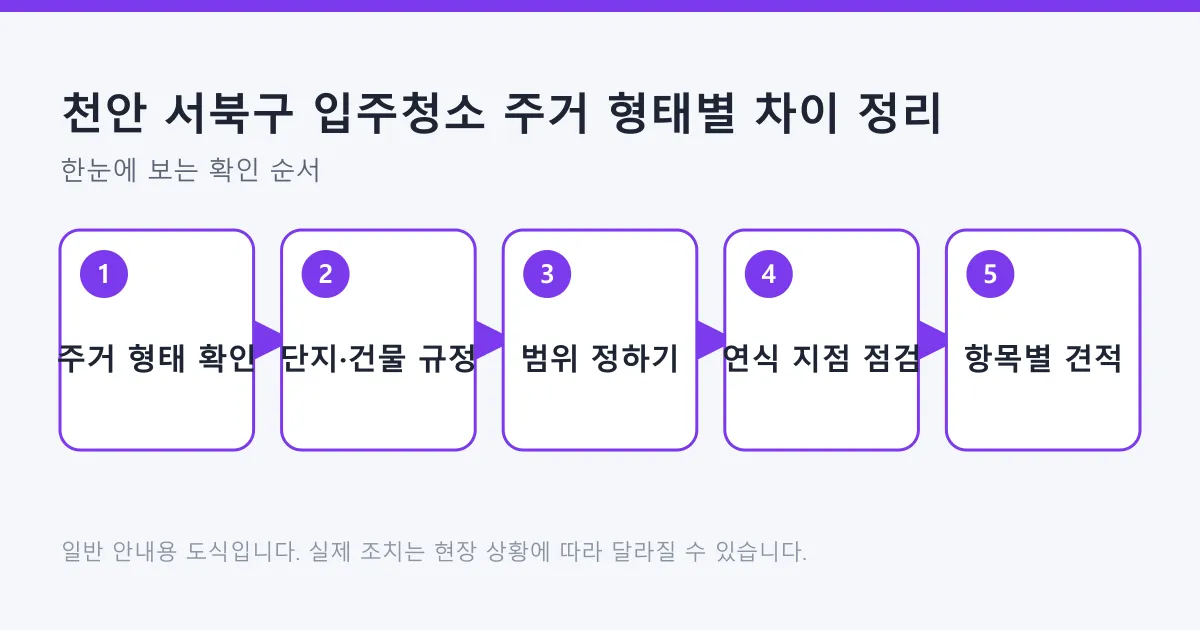 입주청소를 맡기기 전 주거 형태 확인부터 항목별 견적까지 확인할 순서를 정리한 도식