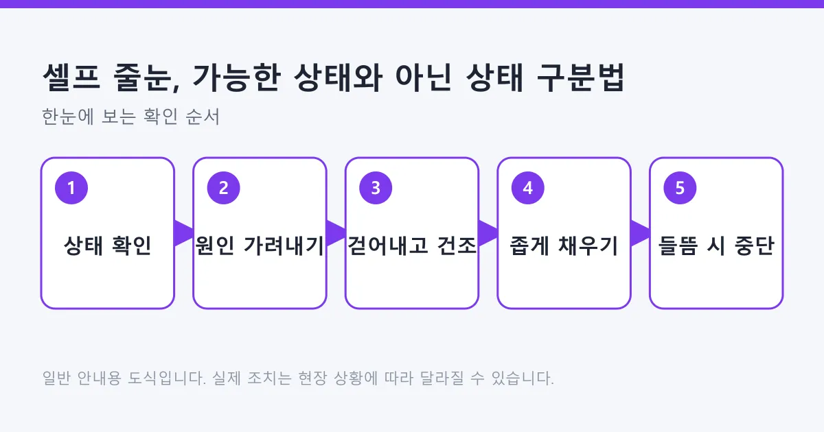 셀프 줄눈 판단을 상태 확인, 원인 구분, 기존 줄눈 제거와 건조, 좁은 구간씩 채우기, 타일 들뜸 시 중단의 다섯 단계로 정리한 도식