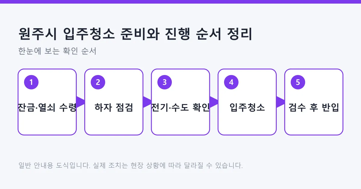 잔금과 열쇠 수령부터 하자 점검, 전기와 수도 확인, 입주청소, 검수 후 이삿짐 반입까지 이어지는 다섯 단계 순서도