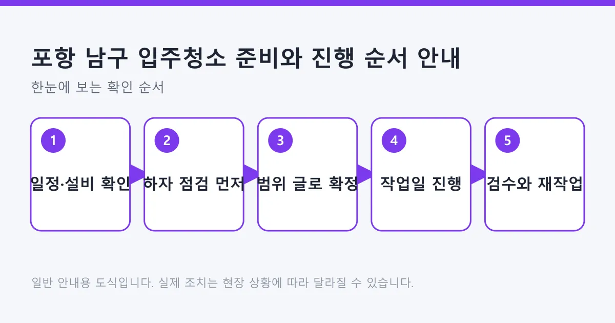 입주청소 일정과 설비 확인, 하자 점검, 작업 범위 확정, 작업 진행, 검수와 재작업 요청까지의 순서를 나타낸 도식
