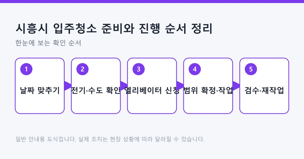 입주청소 일정 조정부터 검수와 재작업 요청까지 다섯 단계를 순서대로 보여 주는 도식