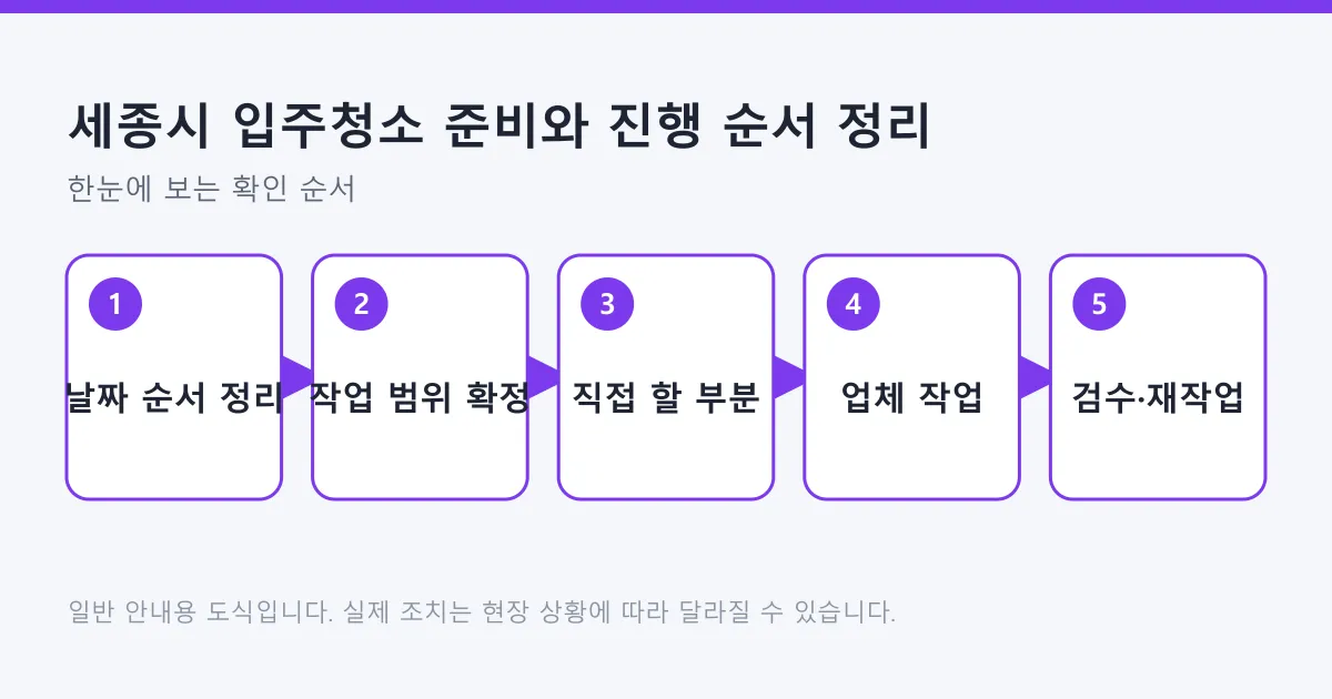 입주청소 진행을 날짜 순서 정리부터 검수와 재작업까지 다섯 단계로 보여주는 도식입니다.