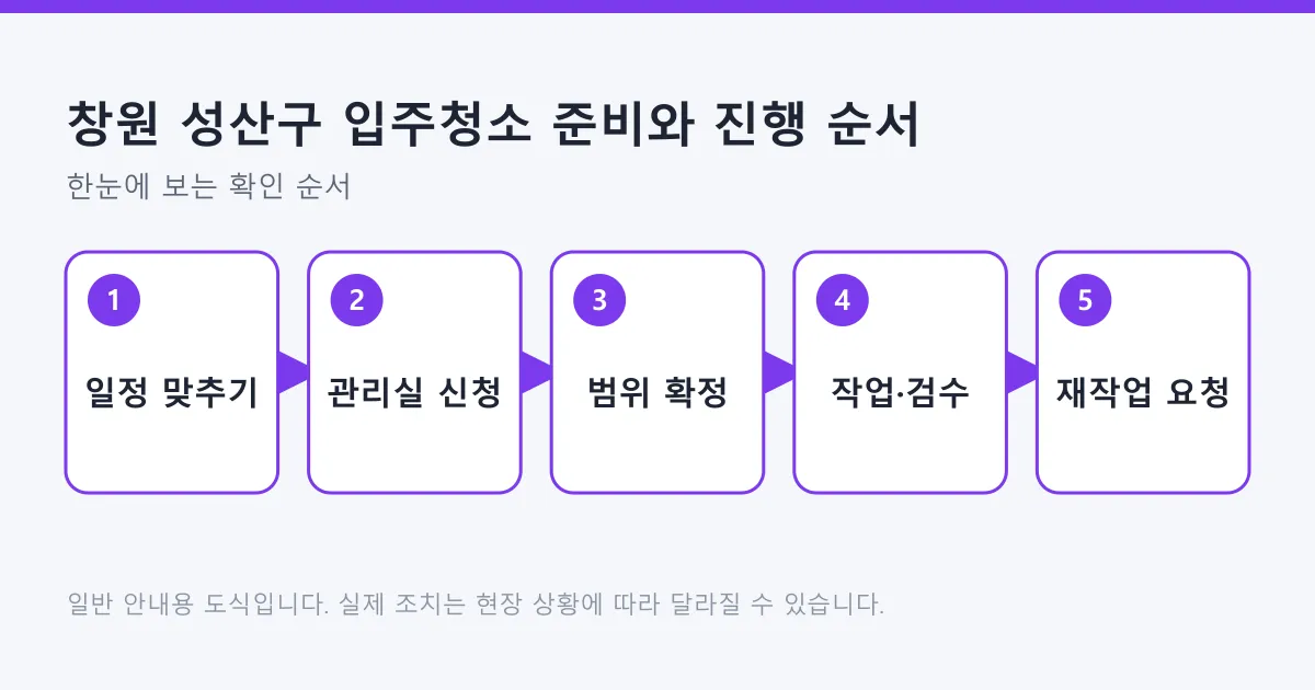 입주청소를 일정 조율, 관리사무소 신청, 범위 확정, 작업과 검수, 재작업 요청의 다섯 단계로 정리한 도식.