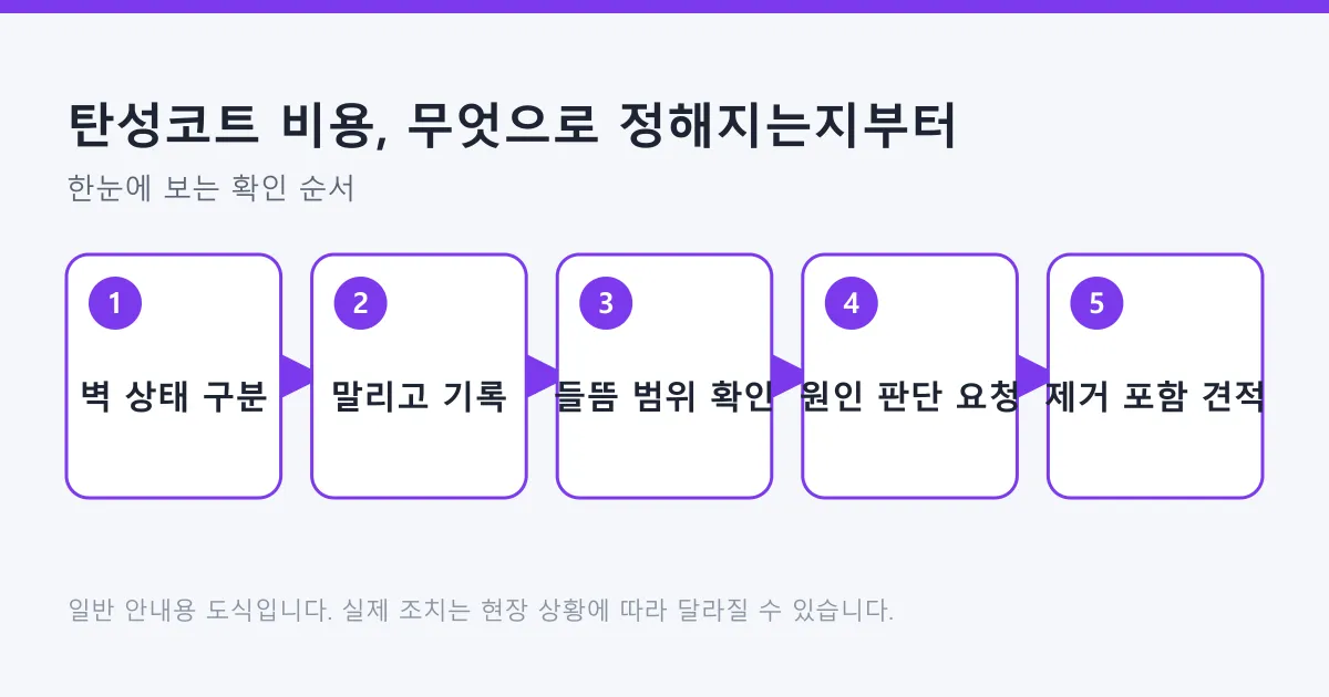 탄성코트 판단 순서를 벽 상태 구분부터 건조와 기록, 들뜸 확인, 원인 판단 요청, 제거 포함 견적까지 다섯 단계로 정리한 도식
