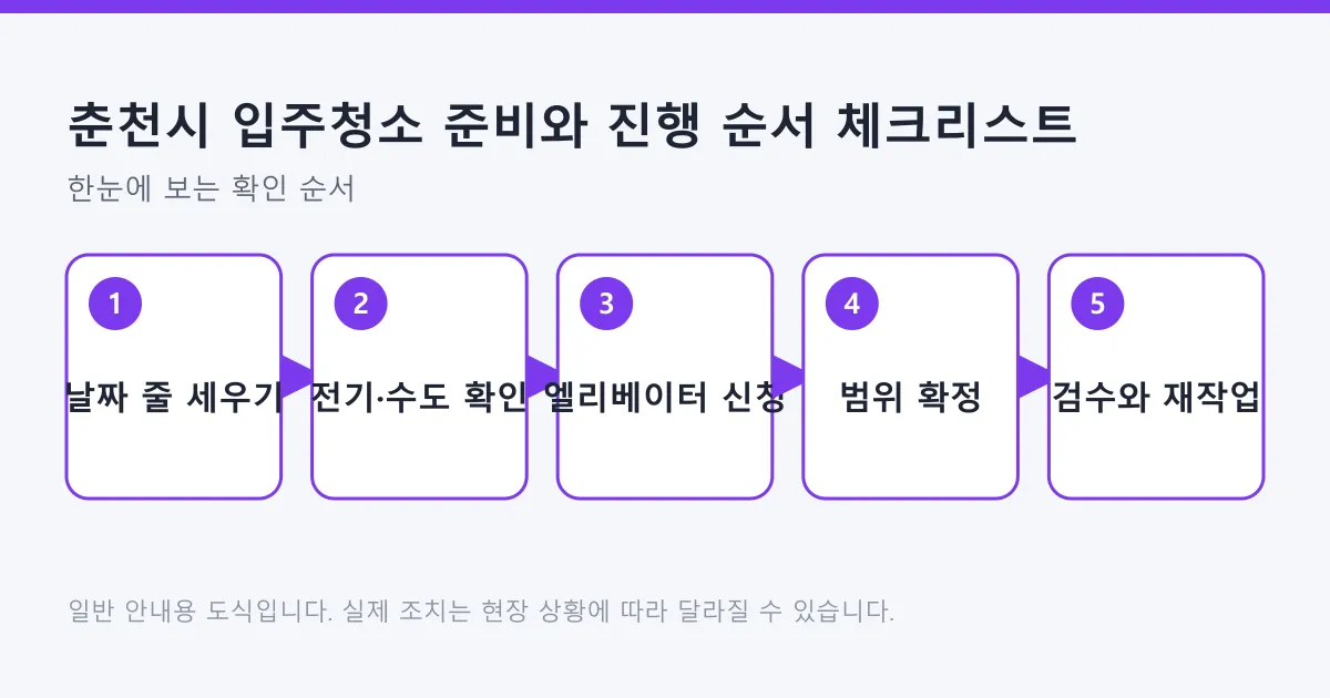 입주청소를 날짜 정리에서 설비 확인, 엘리베이터 신청, 범위 확정, 검수까지 순서대로 정리한 도식