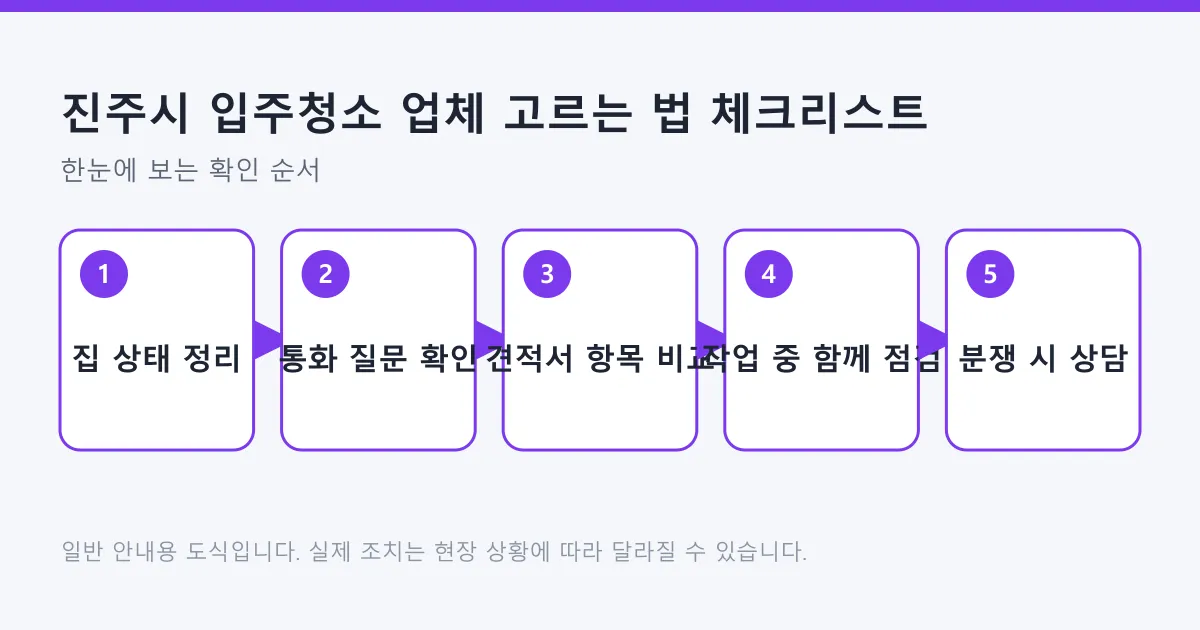 입주청소 업체를 고르는 과정을 집 상태 정리, 통화 질문, 견적서 비교, 작업 중 점검, 분쟁 시 상담 순서로 정리한 도식