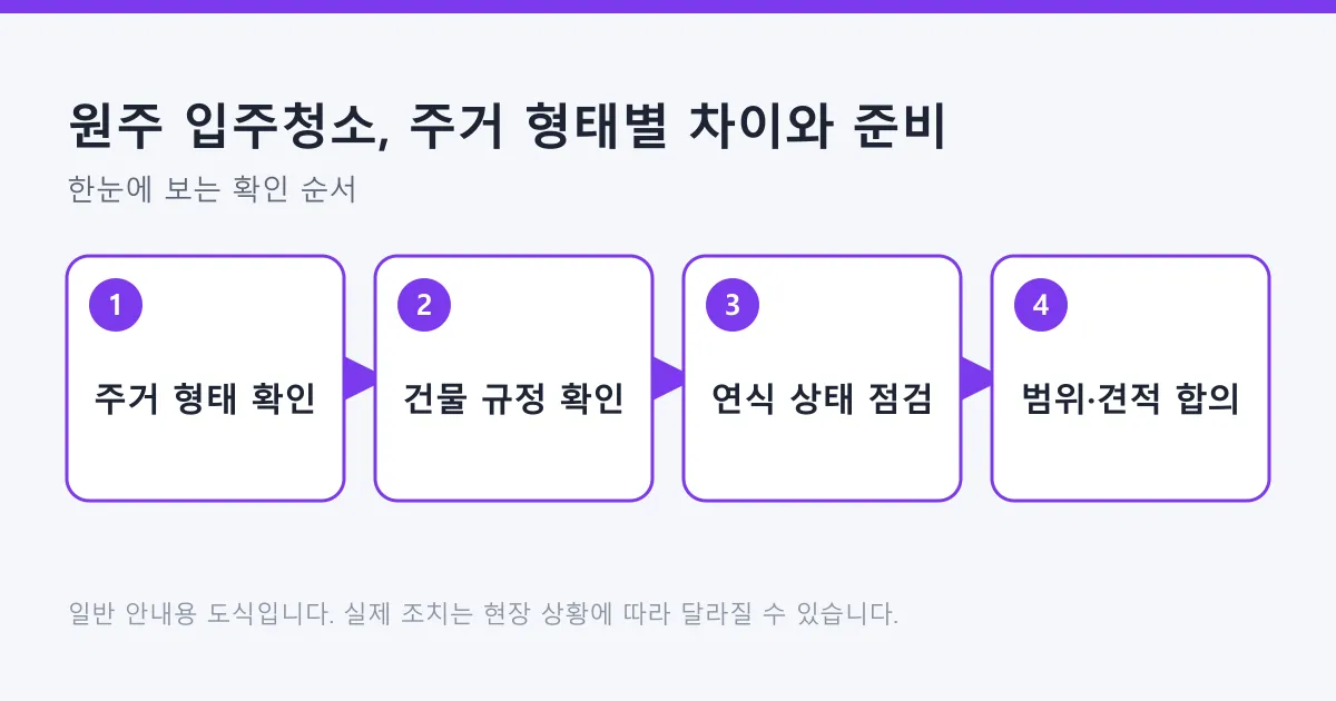 입주청소 준비 순서를 주거 형태 확인, 건물 규정 확인, 연식 상태 점검, 범위와 견적 합의 네 단계로 나타낸 도식