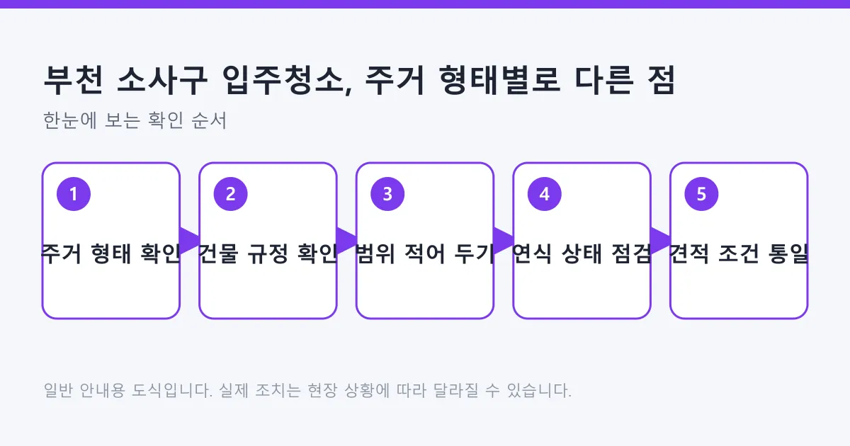 입주청소 준비 과정을 주거 형태 확인부터 견적 조건 통일까지 다섯 단계로 정리한 도식