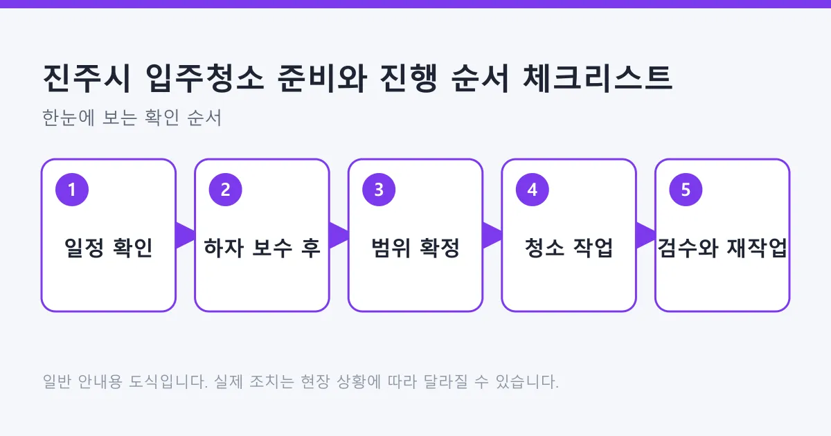 입주청소를 일정 확인, 하자 보수 이후 배치, 범위 확정, 작업, 검수와 재작업 요청까지 다섯 단계로 정리한 도식