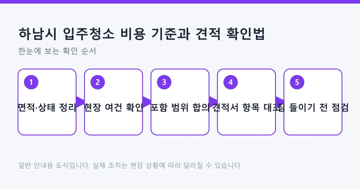 입주청소 견적을 받기 전 면적 정리부터 짐 들이기 전 점검까지의 순서를 보여 주는 도식