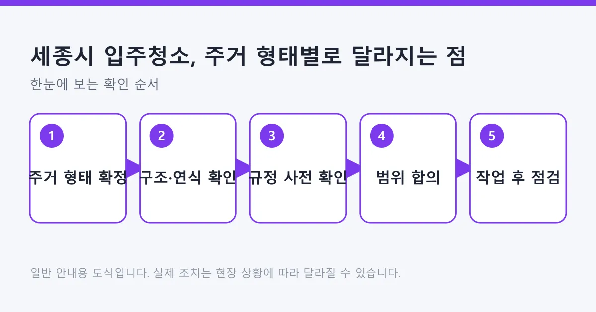 입주청소를 주거 형태 확정부터 작업 후 점검까지 다섯 단계로 정리한 도식
