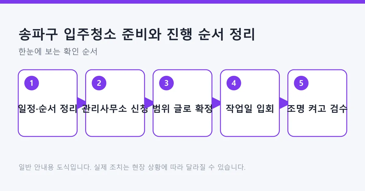 입주청소를 일정 정리부터 검수까지 다섯 단계로 나눠 정리한 도식입니다.