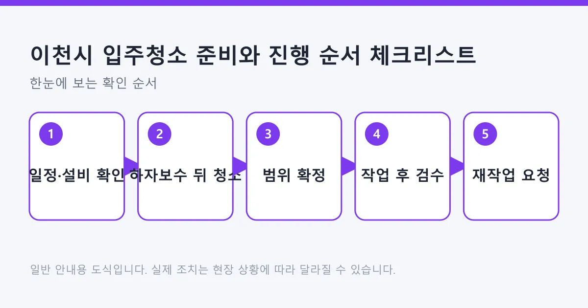 입주청소 일정과 설비 확인부터 범위 확정, 작업 후 검수와 재작업 요청까지의 다섯 단계를 정리한 도식