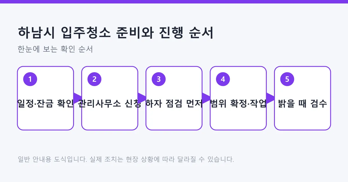 하남시 입주청소를 잔금과 일정 확인, 관리사무소 신청, 하자 점검, 범위 확정과 작업, 검수 순서로 정리한 도식.