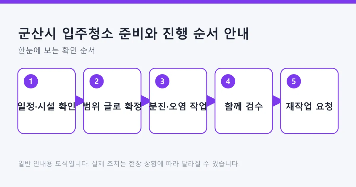 입주청소를 일정 확인부터 재작업 요청까지 다섯 단계로 진행하는 순서를 나타낸 도식