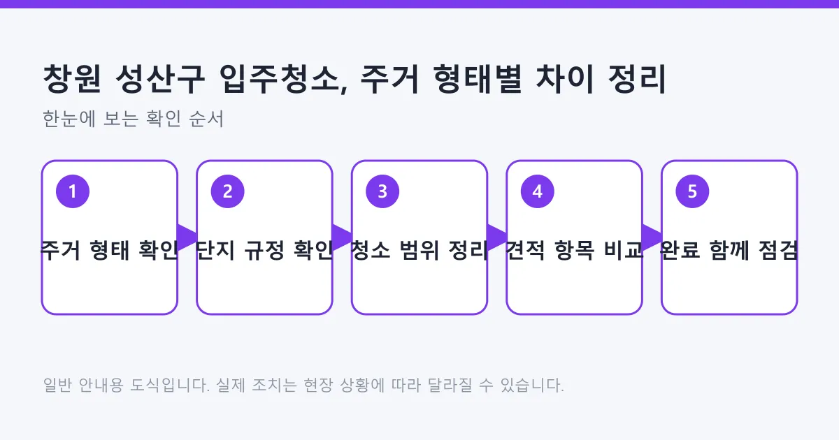 입주청소를 주거 형태 확인, 단지 규정 확인, 범위 정리, 견적 비교, 완료 점검 순서로 준비하는 흐름을 정리한 도식