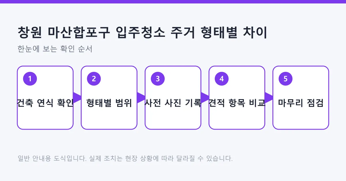 입주청소를 건축 연식 확인, 주거 형태별 범위 정리, 사전 기록, 견적 비교, 마무리 점검 순서로 준비하는 흐름을 정리한 도식