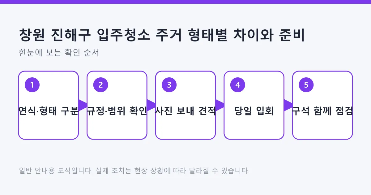 입주청소 준비를 집의 연식과 형태 구분부터 작업 당일 점검까지 다섯 단계로 나타낸 도식