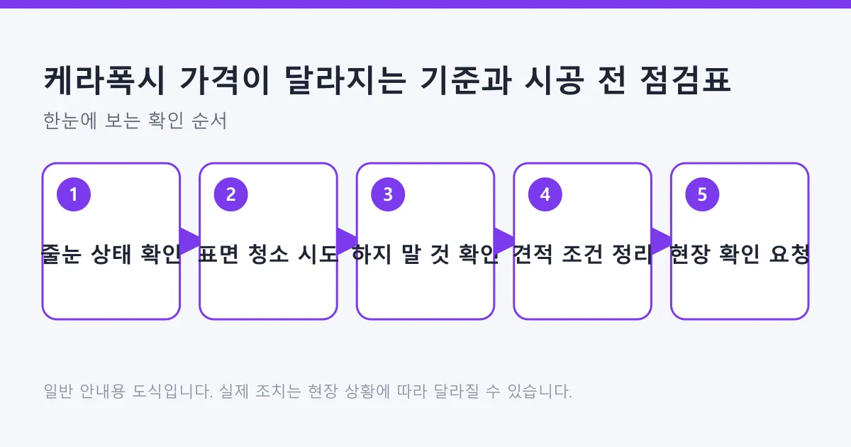 줄눈 상태 확인부터 표면 청소, 금지 사항 확인, 견적 조건 정리, 현장 확인 요청까지 다섯 단계를 정리한 도식