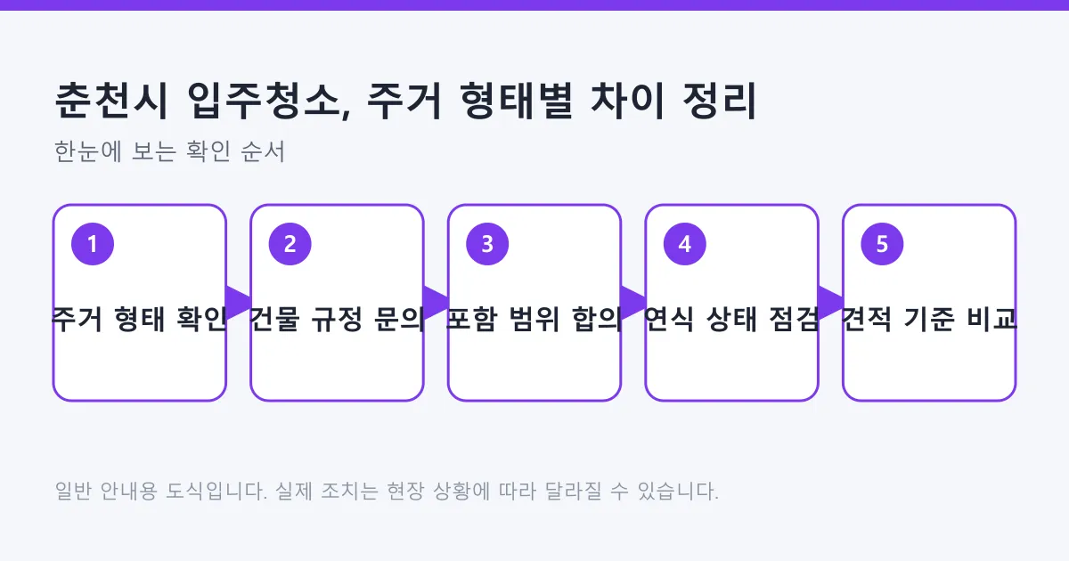 입주청소를 주거 형태 확인부터 견적 기준 비교까지 다섯 단계로 정리한 도식