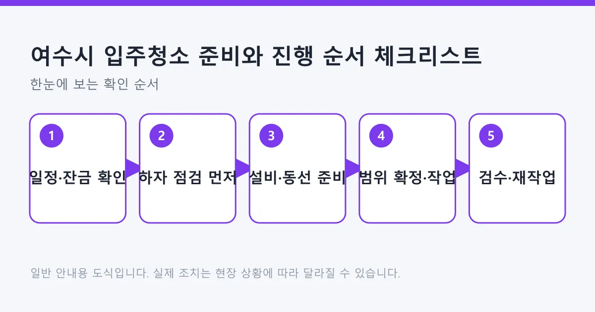 입주청소를 일정 확인, 하자 점검, 설비와 동선 준비, 범위 확정과 작업, 검수와 재작업 요청의 다섯 단계로 정리한 도식.