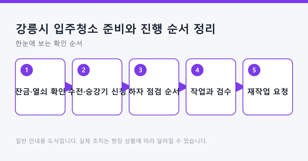 입주청소 준비 단계인 잔금 확인과 수전·엘리베이터 신청부터 하자 점검, 작업과 검수, 재작업 요청까지의 다섯 단계 흐름도