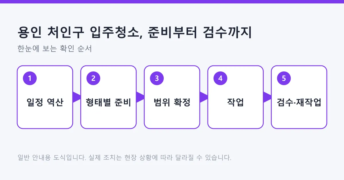 입주청소를 일정 역산, 집 형태별 준비, 범위 확정, 작업, 검수와 재작업 요청 순으로 정리한 도식