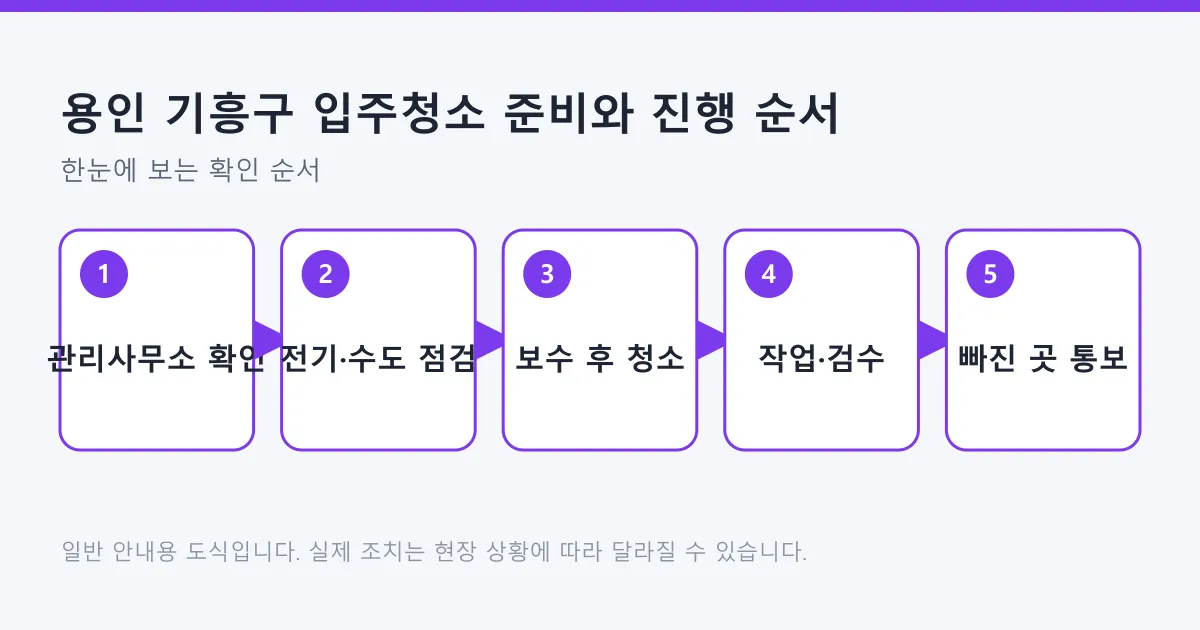 입주청소를 관리사무소 확인, 전기와 수도 점검, 보수 후 청소, 작업과 검수, 빠진 곳 통보 순으로 정리한 도식