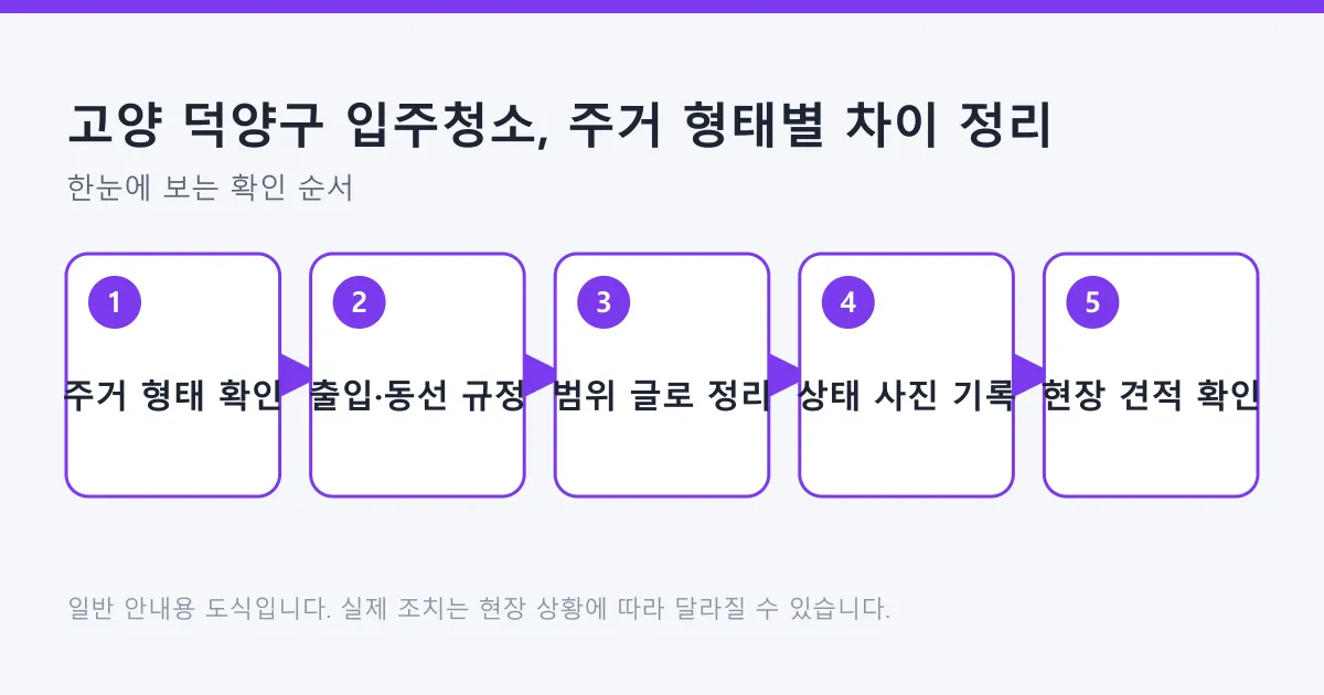 주거 형태 확인부터 출입 규정, 범위 정리, 상태 기록, 현장 견적까지 입주청소 준비 순서를 보여주는 도식