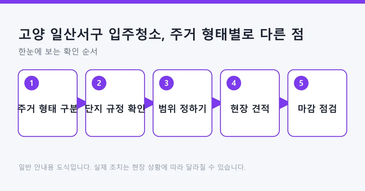 입주청소를 주거 형태 구분부터 단지 규정 확인과 범위 설정을 거쳐 마감 점검까지 다섯 단계로 정리한 도식