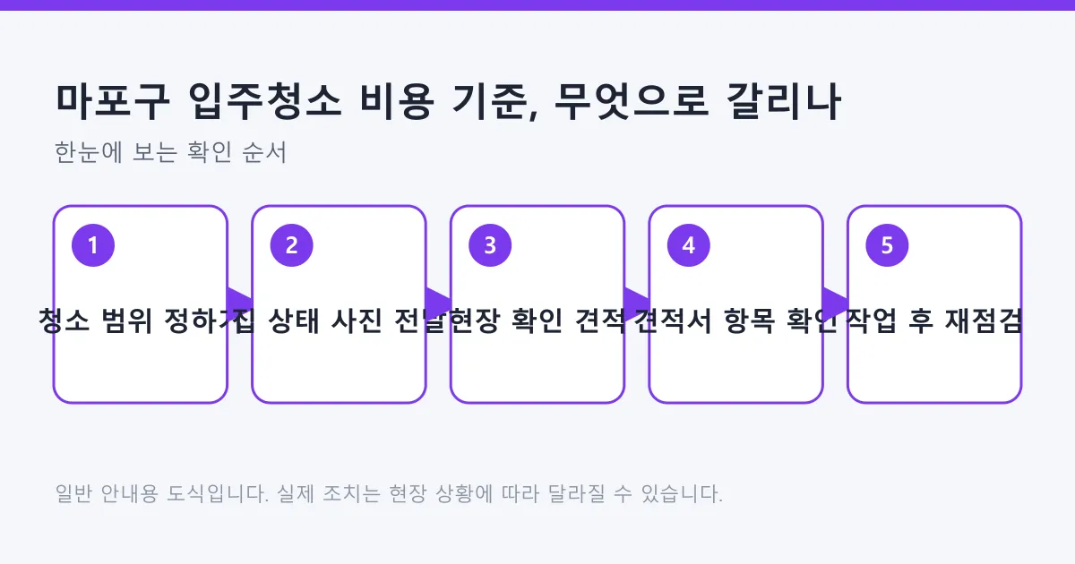 입주청소 범위 결정부터 작업 후 재점검까지 다섯 단계를 정리한 도식