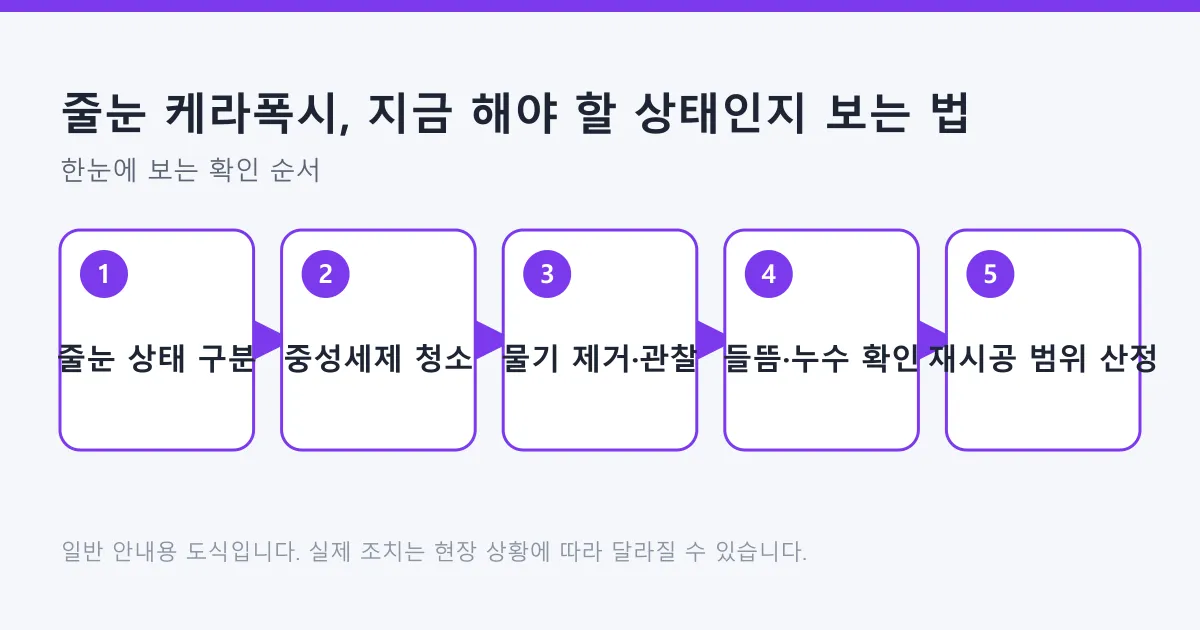 욕실 줄눈 상태를 구분한 뒤 청소와 물기 제거를 거쳐 재시공 범위를 정하는 다섯 단계 흐름도