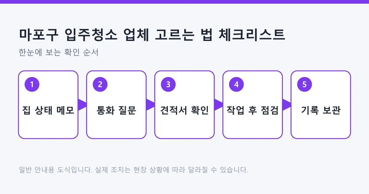 입주청소 업체를 고를 때 집 상태 메모부터 작업 후 점검과 기록 보관까지 이어지는 5단계 흐름도