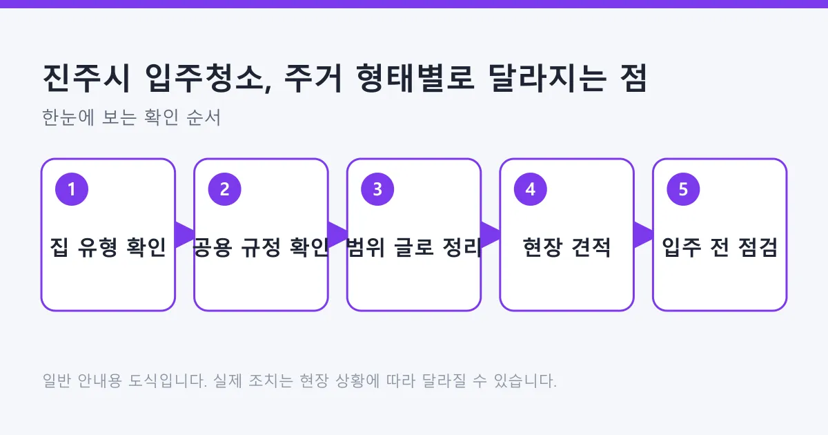 집 유형 확인부터 공용 규정 확인, 작업 범위 정리, 현장 견적, 입주 전 점검까지 입주청소 준비 순서를 보여 주는 도식