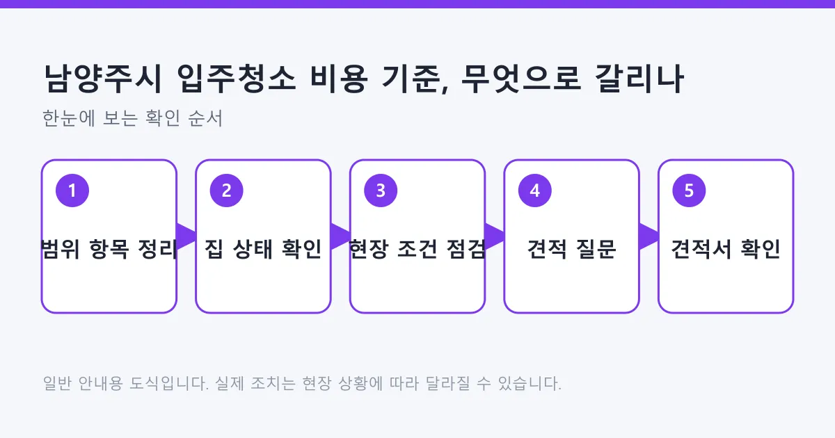 입주청소 견적을 받기 전 범위 정리부터 견적서 확인까지 거치는 다섯 단계를 나타낸 도식