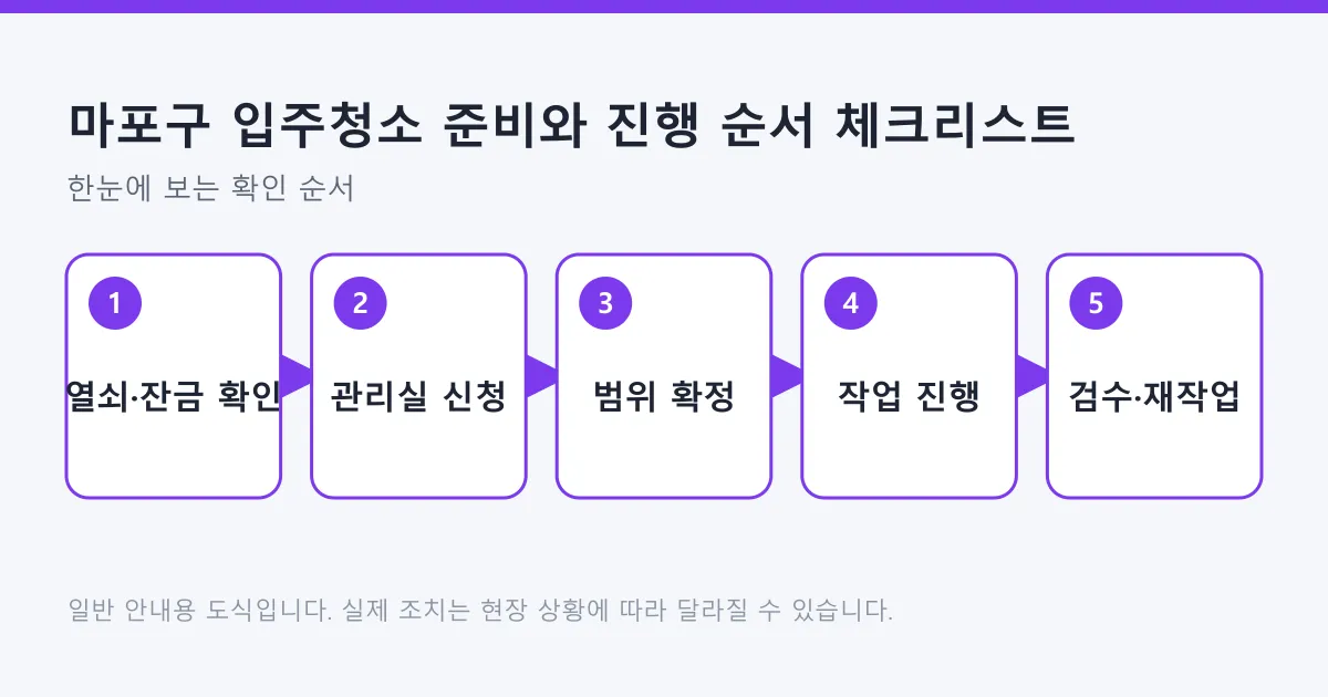 입주청소를 열쇠 수령 확인에서 관리사무소 신청, 범위 확정, 작업, 검수와 재작업 요청까지 다섯 단계로 정리한 순서 도식