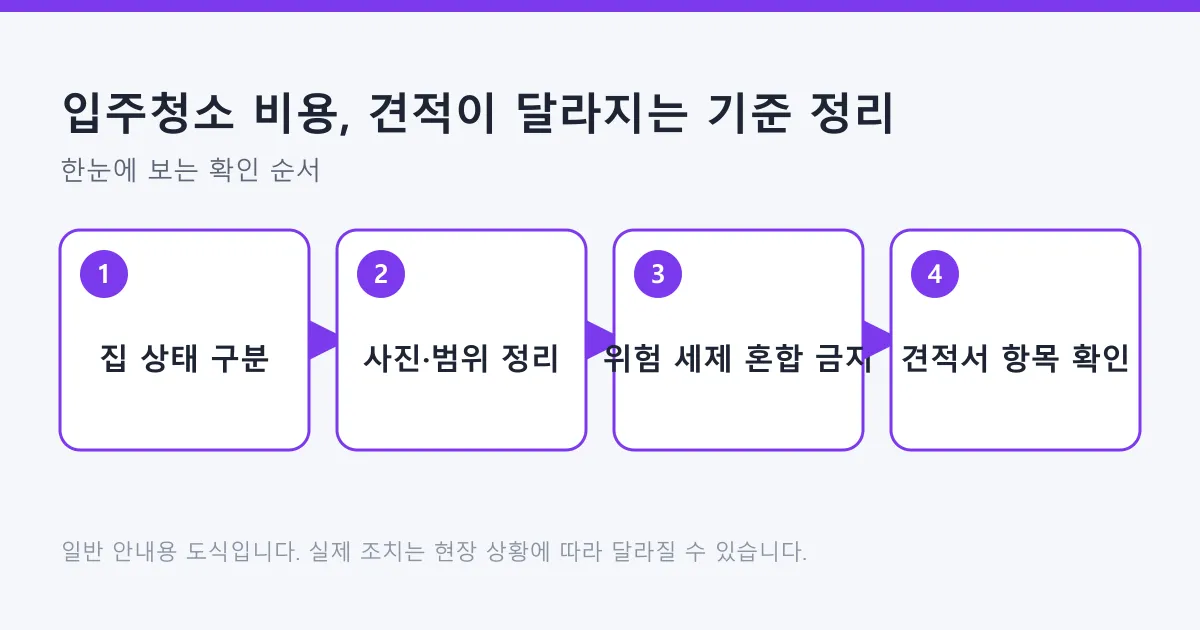 입주청소 비용을 판단할 때 집 상태 구분부터 견적서 확인까지의 순서를 나타낸 도식