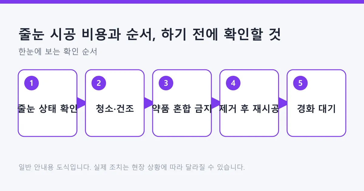 줄눈 상태 확인부터 청소, 재시공과 경화 대기까지 줄눈 시공 순서를 나타낸 도식