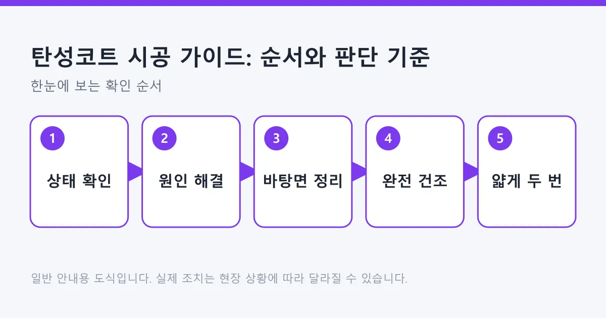 탄성코트 시공 순서를 상태 확인부터 얇게 두 번 도포까지 다섯 단계로 정리한 도식