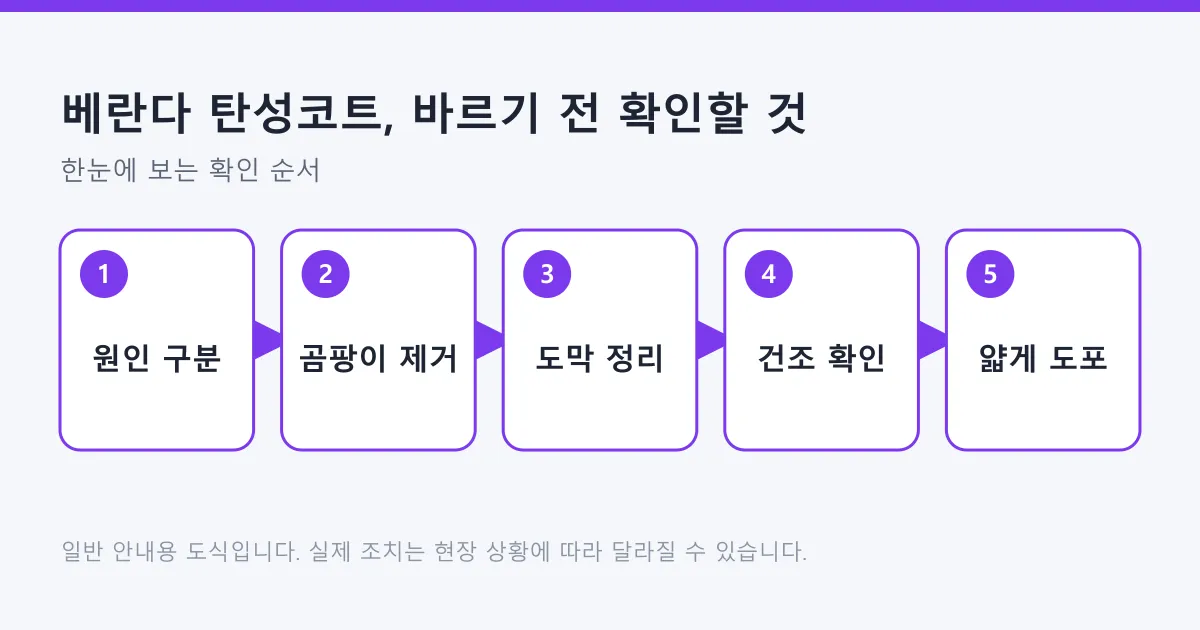 베란다 탄성코트 작업을 원인 구분부터 얇게 도포까지 다섯 단계로 정리한 도식