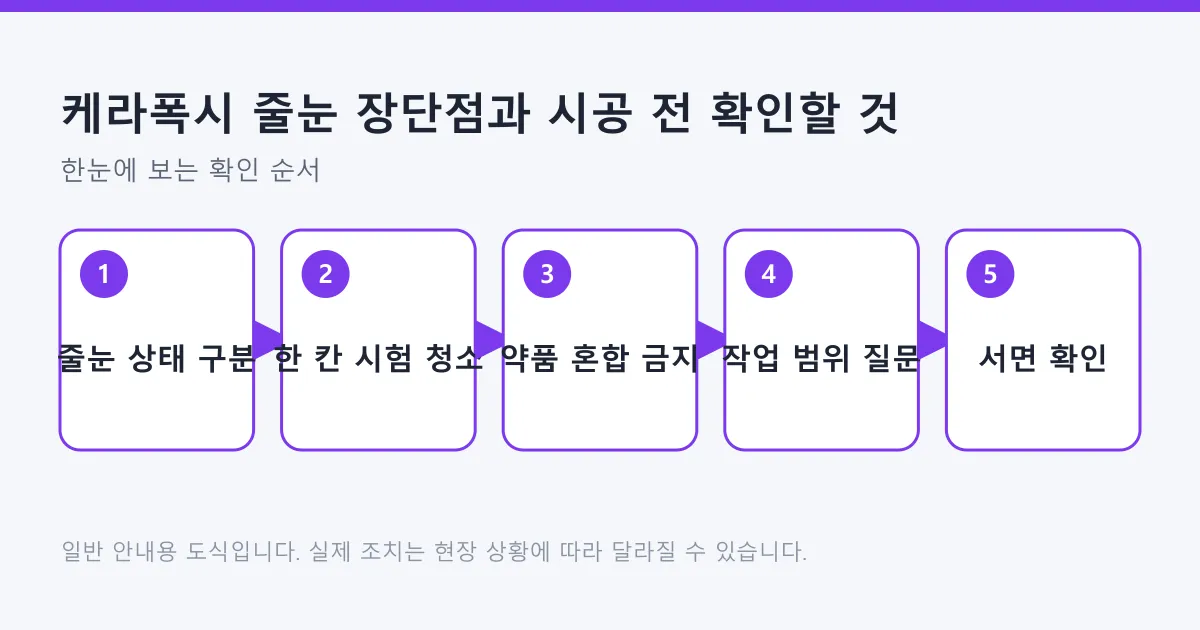 욕실 줄눈 상태를 확인하고 시공 범위를 정하는 다섯 단계를 보여 주는 도식